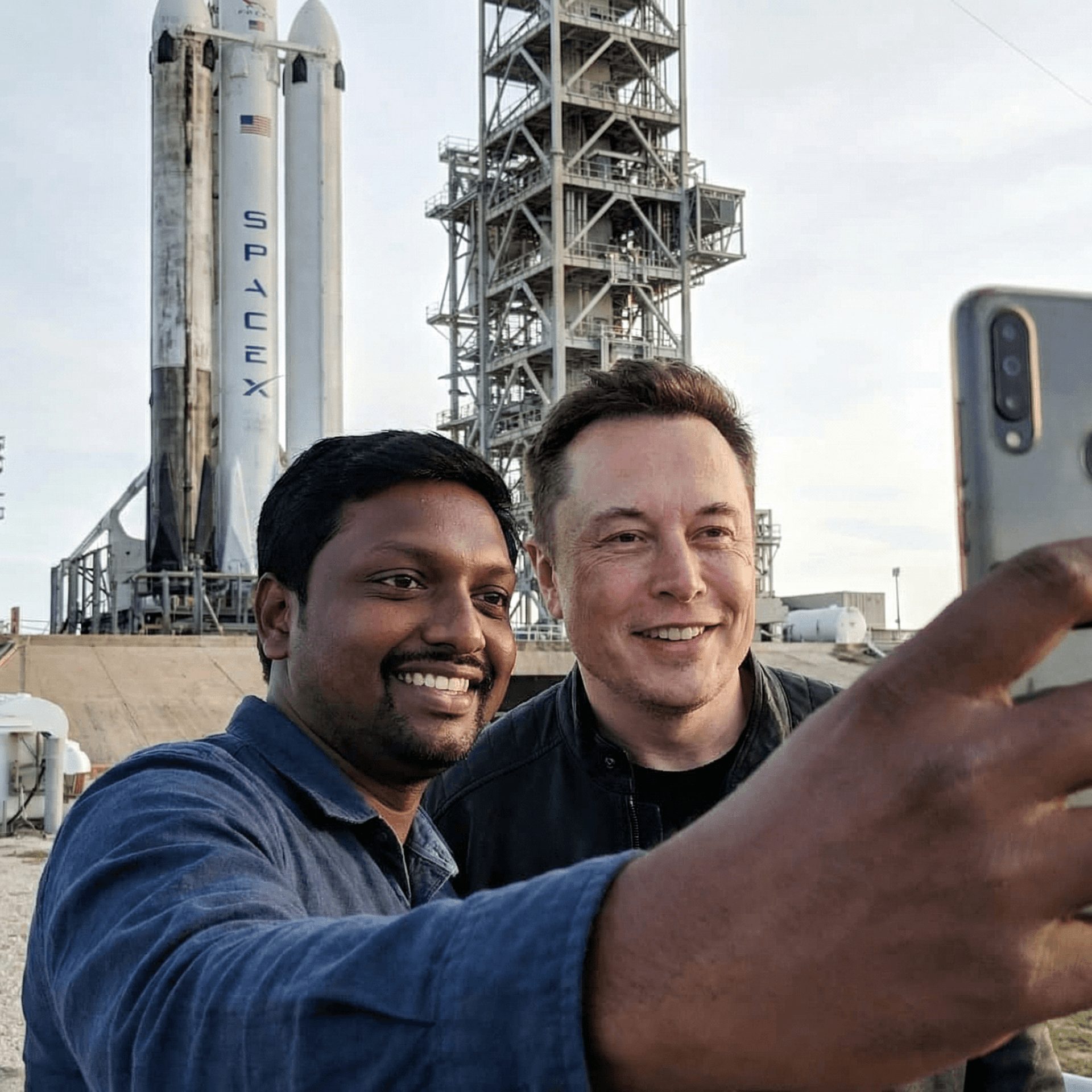 AI generated: with Elon Musk in front of a SpaceX rocket, professional setting
