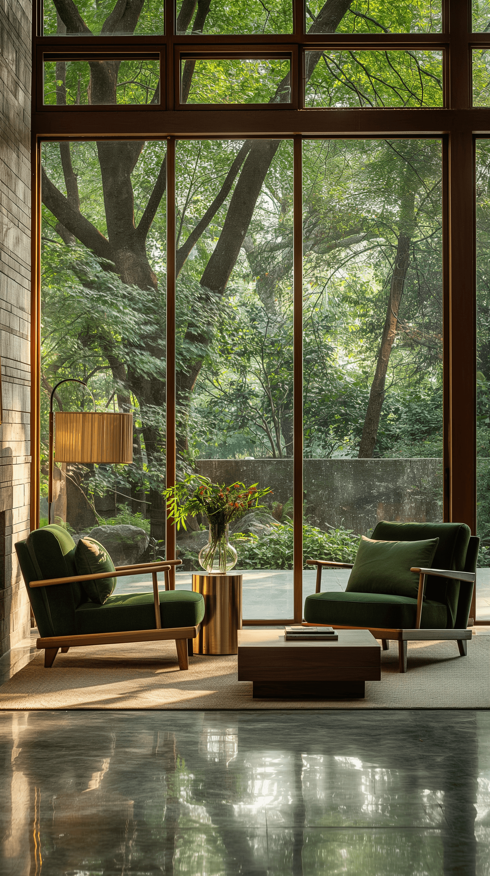 AI generated: living area framed by large floor-to-ceiling windows that showcase a serene garden view, interior in...