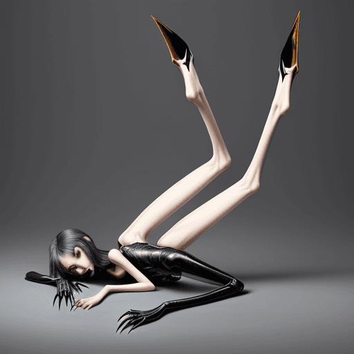 AI generated: extreme skinny slender girl, with long curved claws, skinny legs and long skinny calves in high heel...