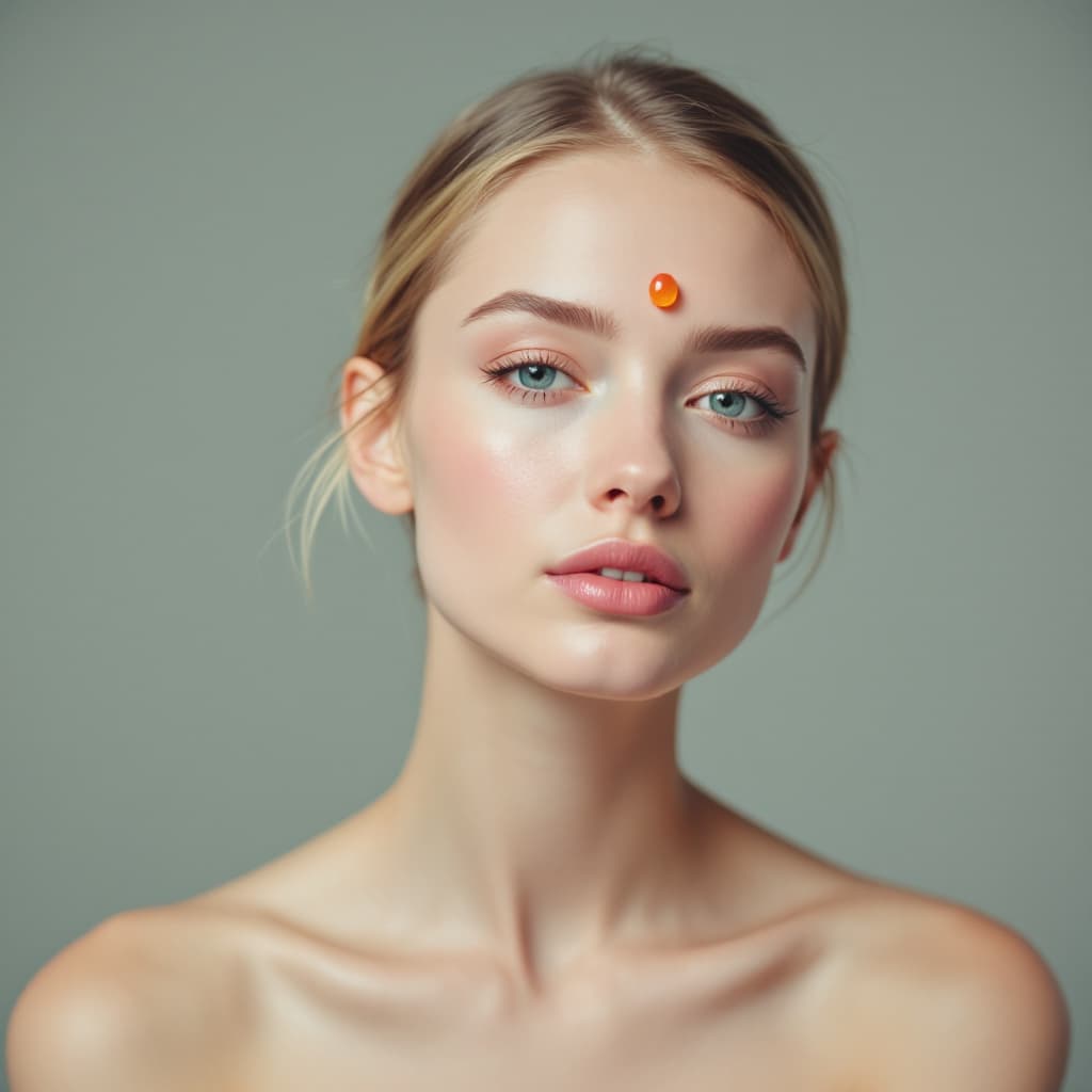 AI generated: A photo model with one jelly bean stuck to her forehead.