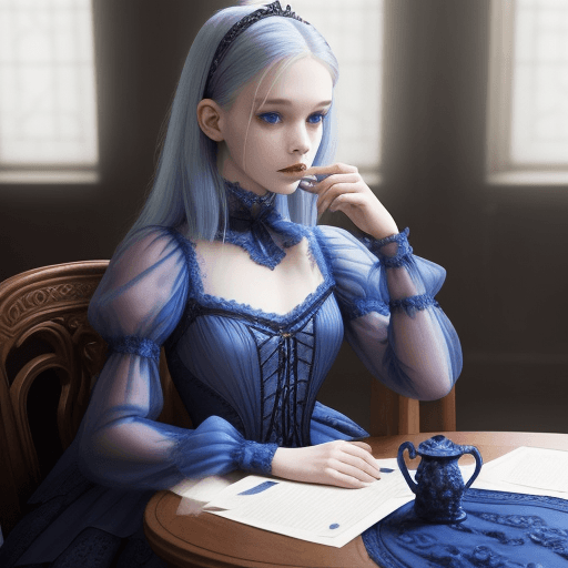 AI generated: a woman sitting at a table , by Valerie Petts, tumblr, intricate fantasy dress, blueish tones, offic...