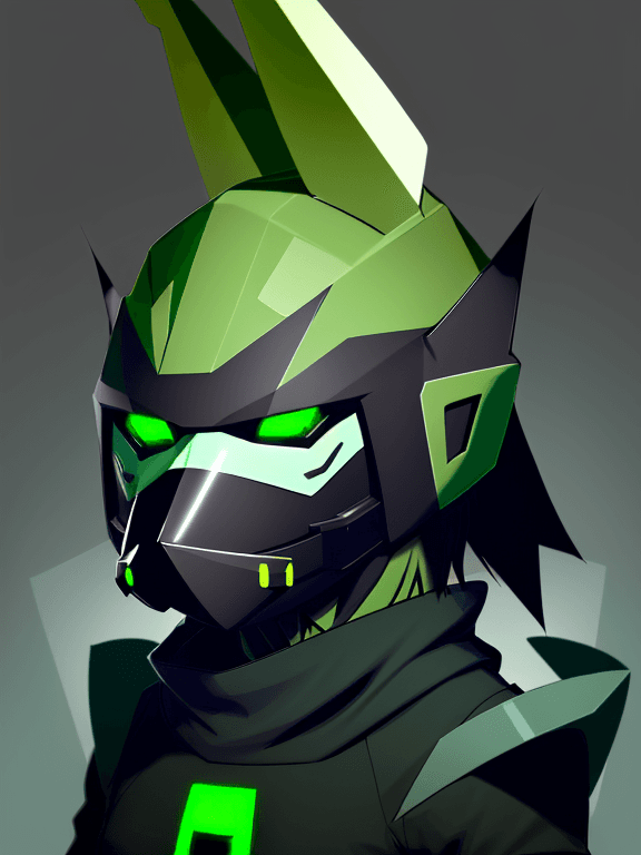 AI generated: mostly green Protogen headshot furry; zigzag mouth,  simple black complete face visor; head and ears...