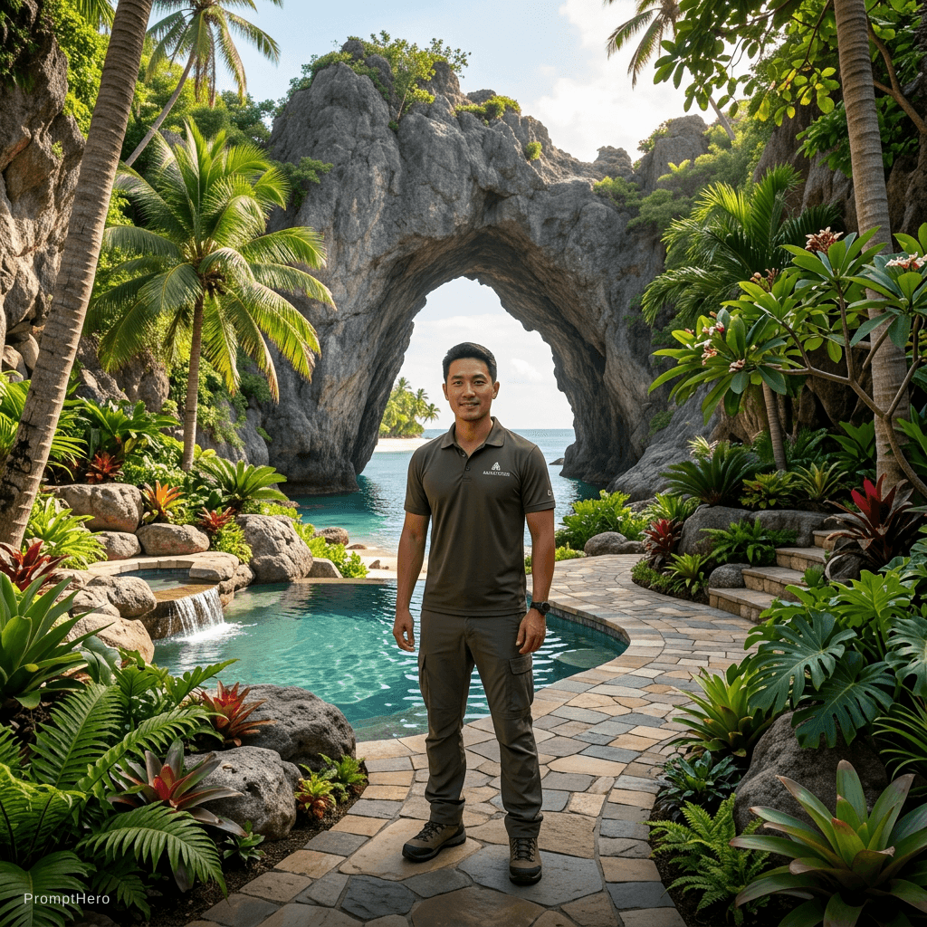 AI generated: tropical paradise with palm trees, lush greenery, a small pool, and stone pathway with a Asian man i...