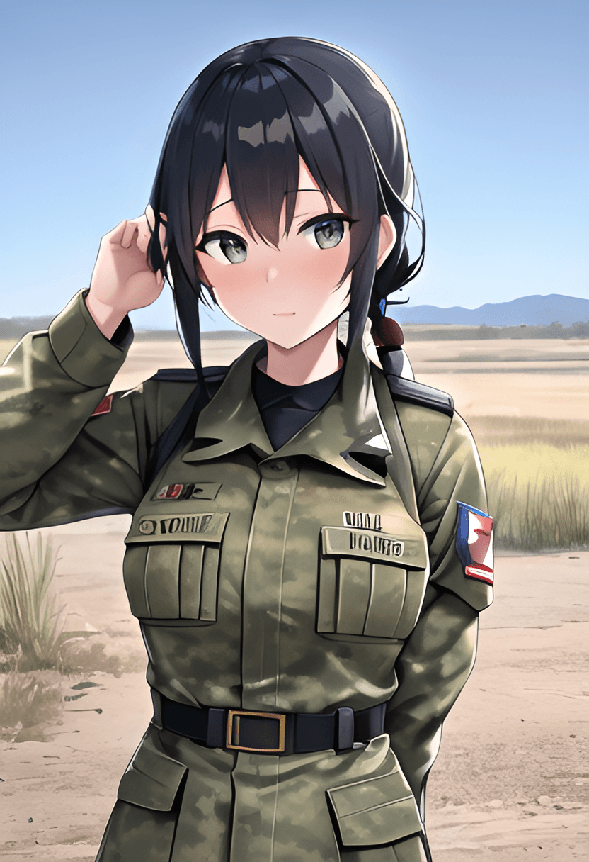 AI generated: An anime girl in the battlefield as a soldier, united states military, military, soldier, camouflage...