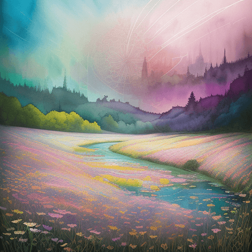AI generated: Beautiful pastel river flower meadow illustration, Mixed media, multi-layer art styles, restyled re-...