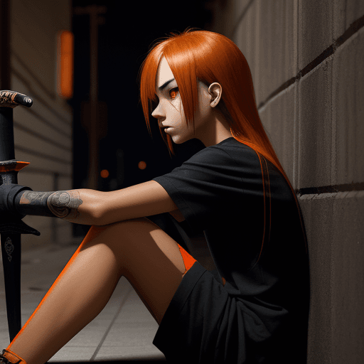 AI generated: side view emo beautiful tan skin girl. red eye iris. black shirt. orange highlights in hair. sitting...