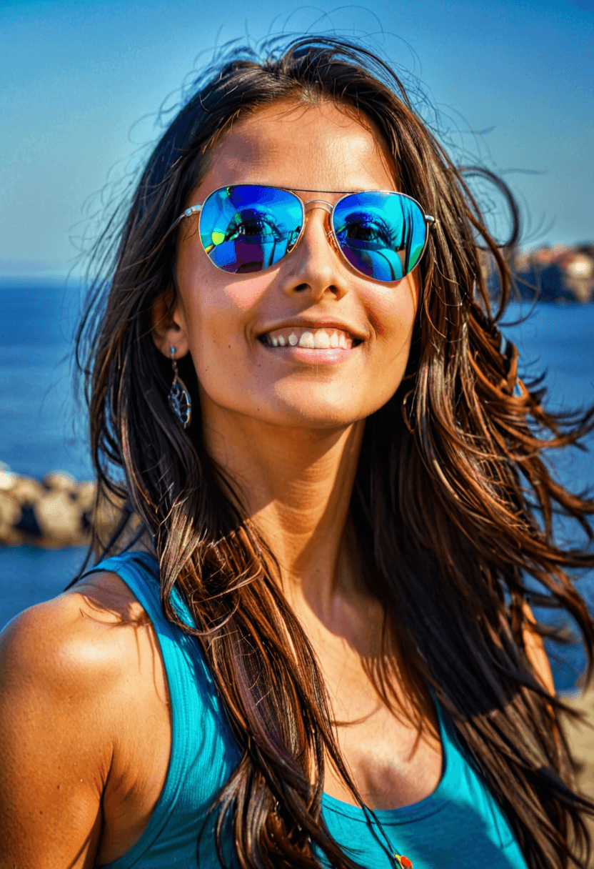 AI generated: HDR photo of gorgeous woman with long dark hair, smiling, looking away from the viewer, wearing refl...