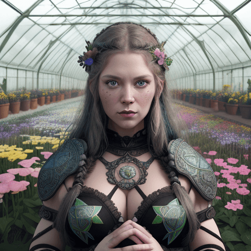AI generated: eye level view photography of a huge greenhouse of very strange and delightful flowers, from the fut...