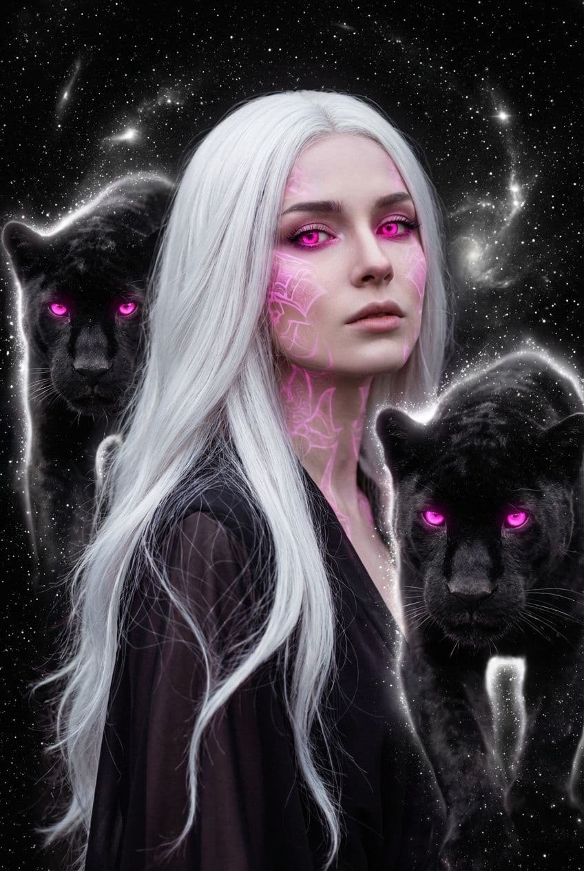 AI generated: a striking portrait of a woman, white long platinum hair, her eyes are vivid pink, full lips, long e...