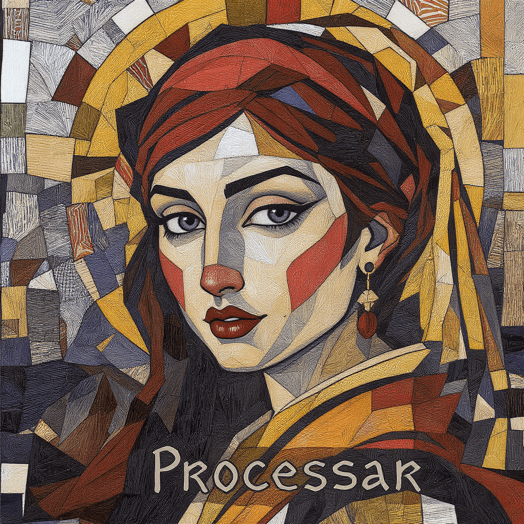 AI generated: illustration, art, legend "Procesar", gaze, mosaic, mondrian, consisting random colors, black outlin...