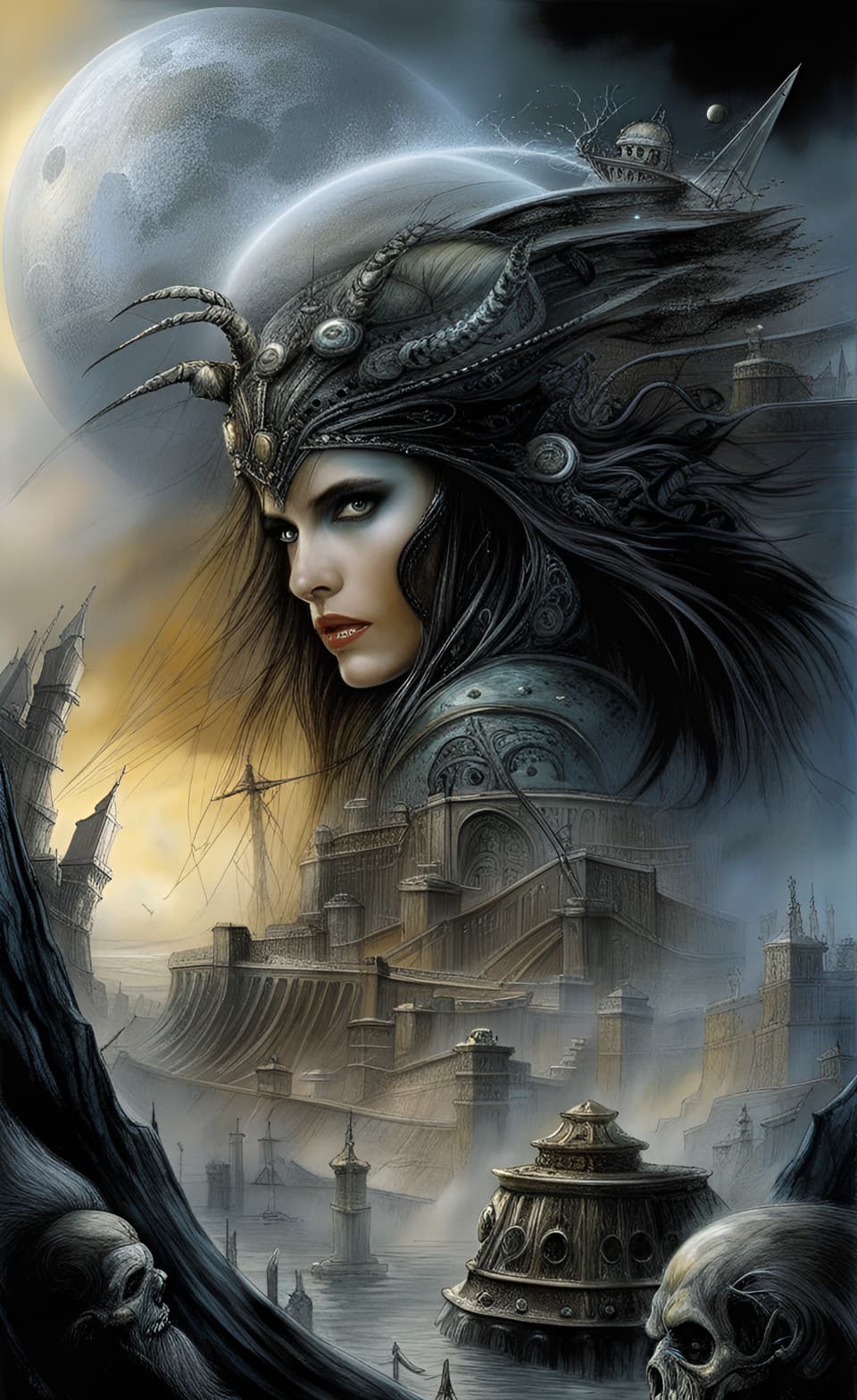 AI generated: ((A poster)) in the (fantasy style of luis royo and H.R Giger)), of a wonderous ethereal otherwordly...
