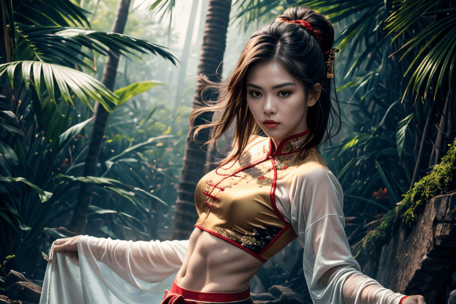 AI generated: amazingly detailed, masterpiece, ultra hd, dynamic angle, kung fu warrior, training, practicing, sco...