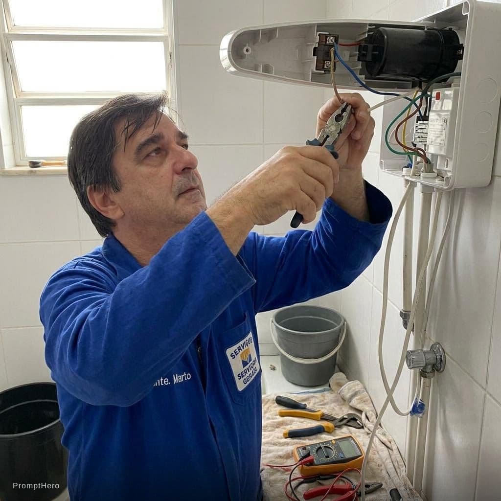 AI generated: criar imagem de profissional de reparos em residencias consertanto um chuveiro eletrico