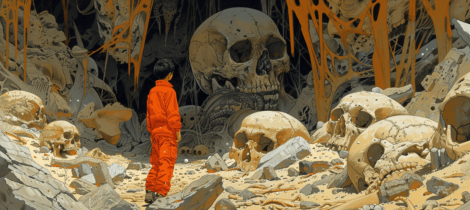 AI generated: A young man in an orange jumpsuit is surrounded in the style of Jean Giraud Moebius, walking through...