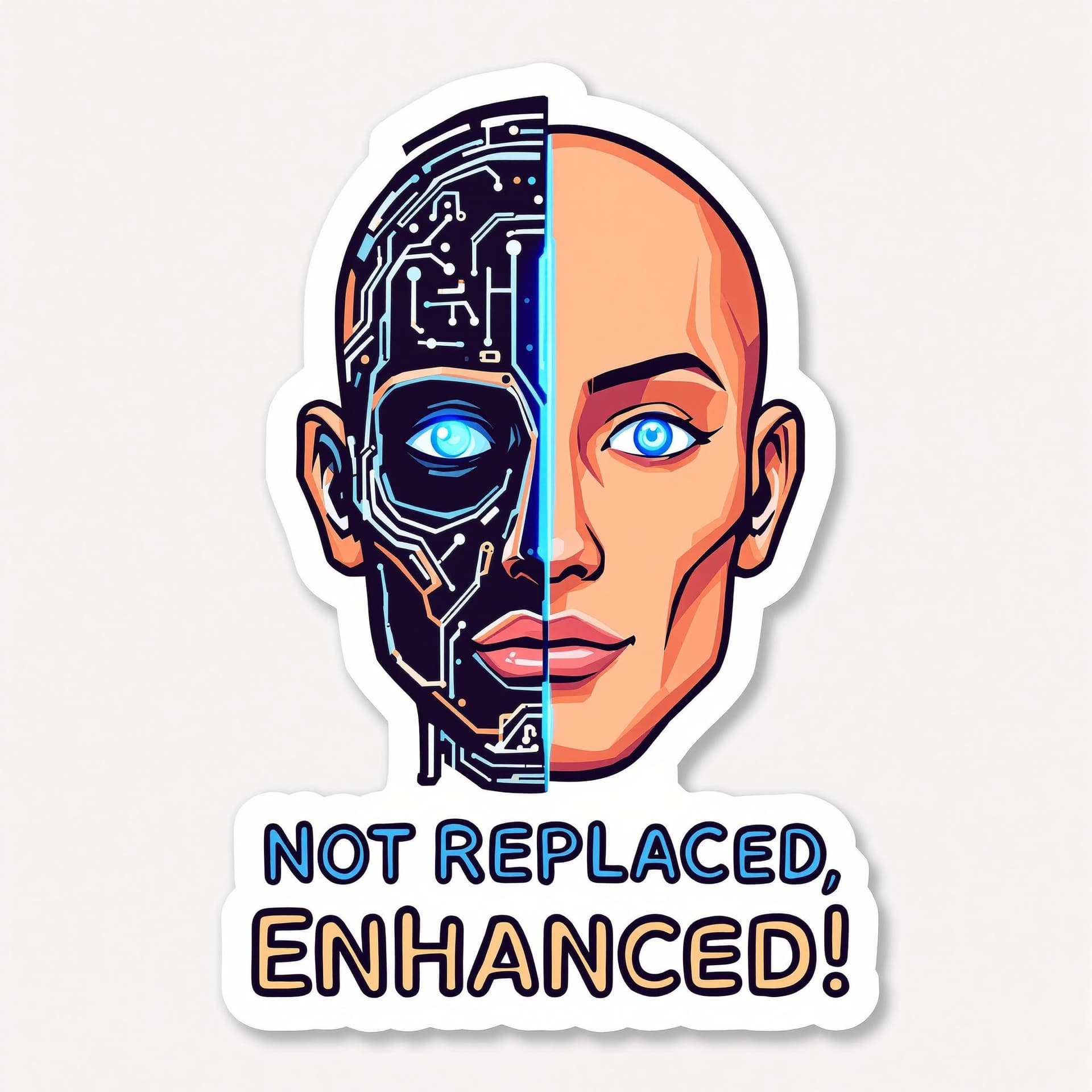 AI generated: "A compact, eye-catching design featuring a split face: half human with warm tones and soft features...