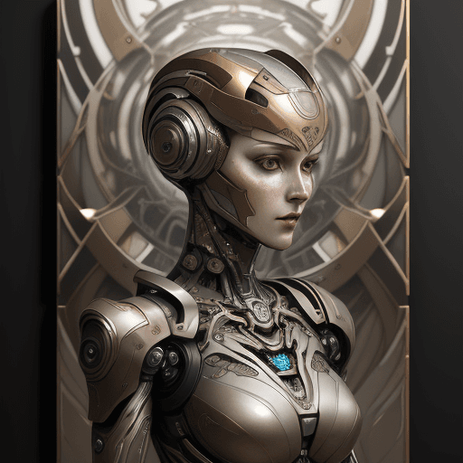 AI generated: female character, in the style of robotic expressionism, dark bronze and white, interlacing artifact...