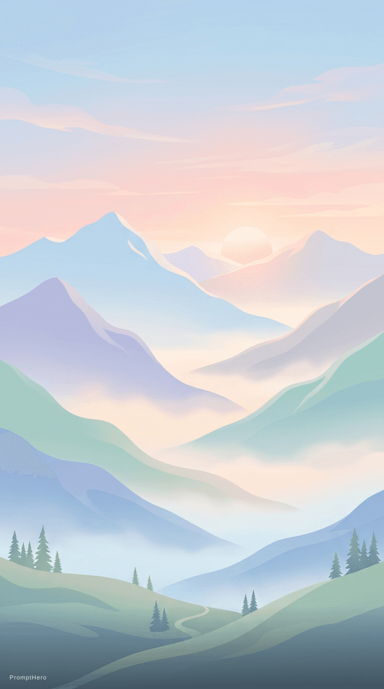 AI generated: minimalist mountain landscape, soft pastel colors, misty valleys, calm and peaceful