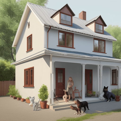 AI generated: house with person in front with a dog and a cat next to them