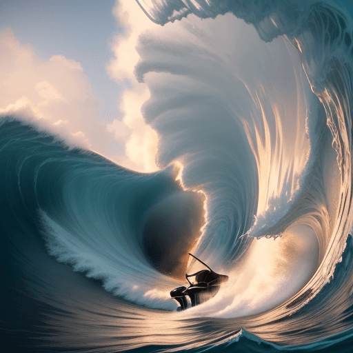 AI generated: photo of an ultra realistic steinway grand piano in front of a giant wave about to crash down on it
