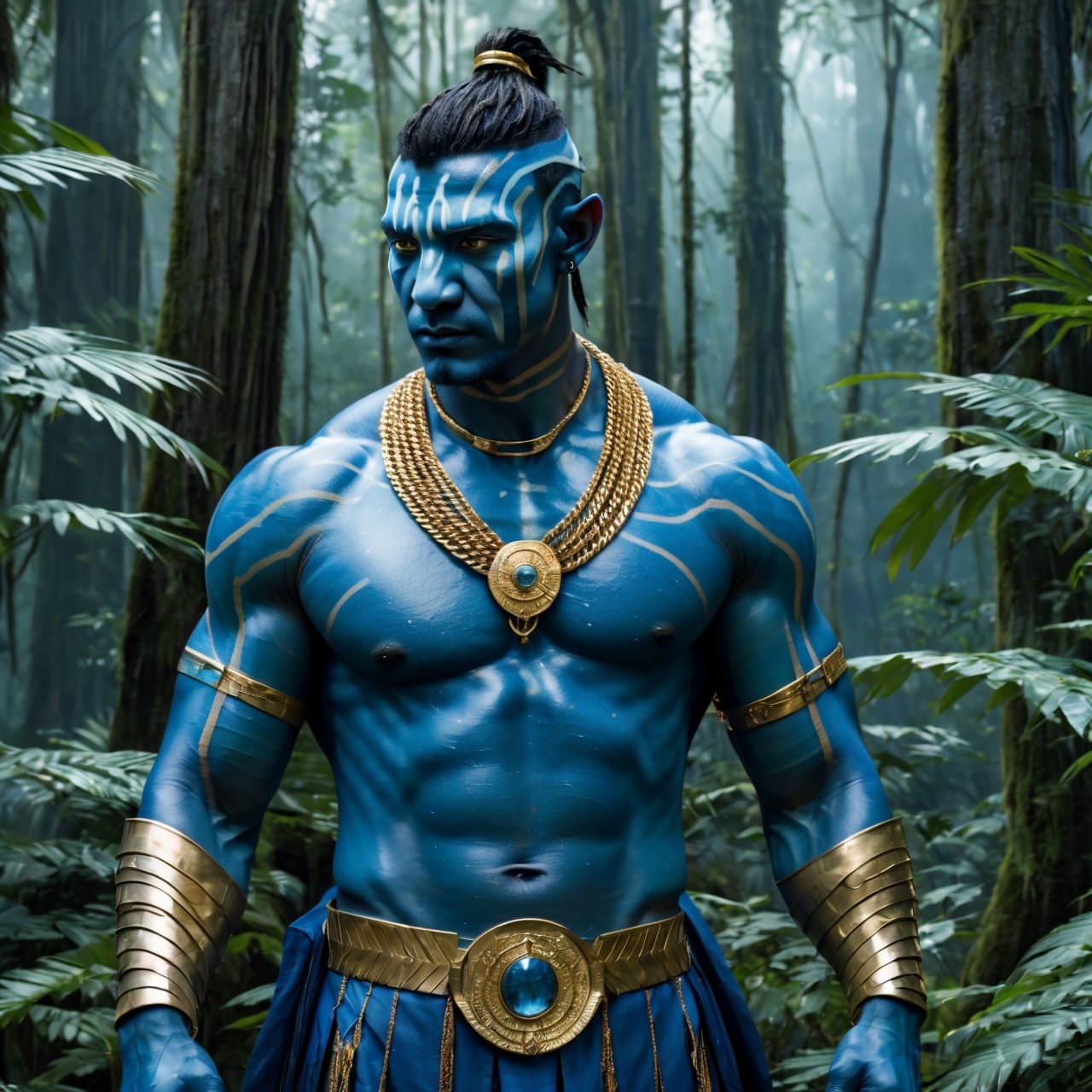 AI generated: blue skin avatar man, from avatar movie, drip, swag, muscular, gold chains, rings, boss, smirking, s...