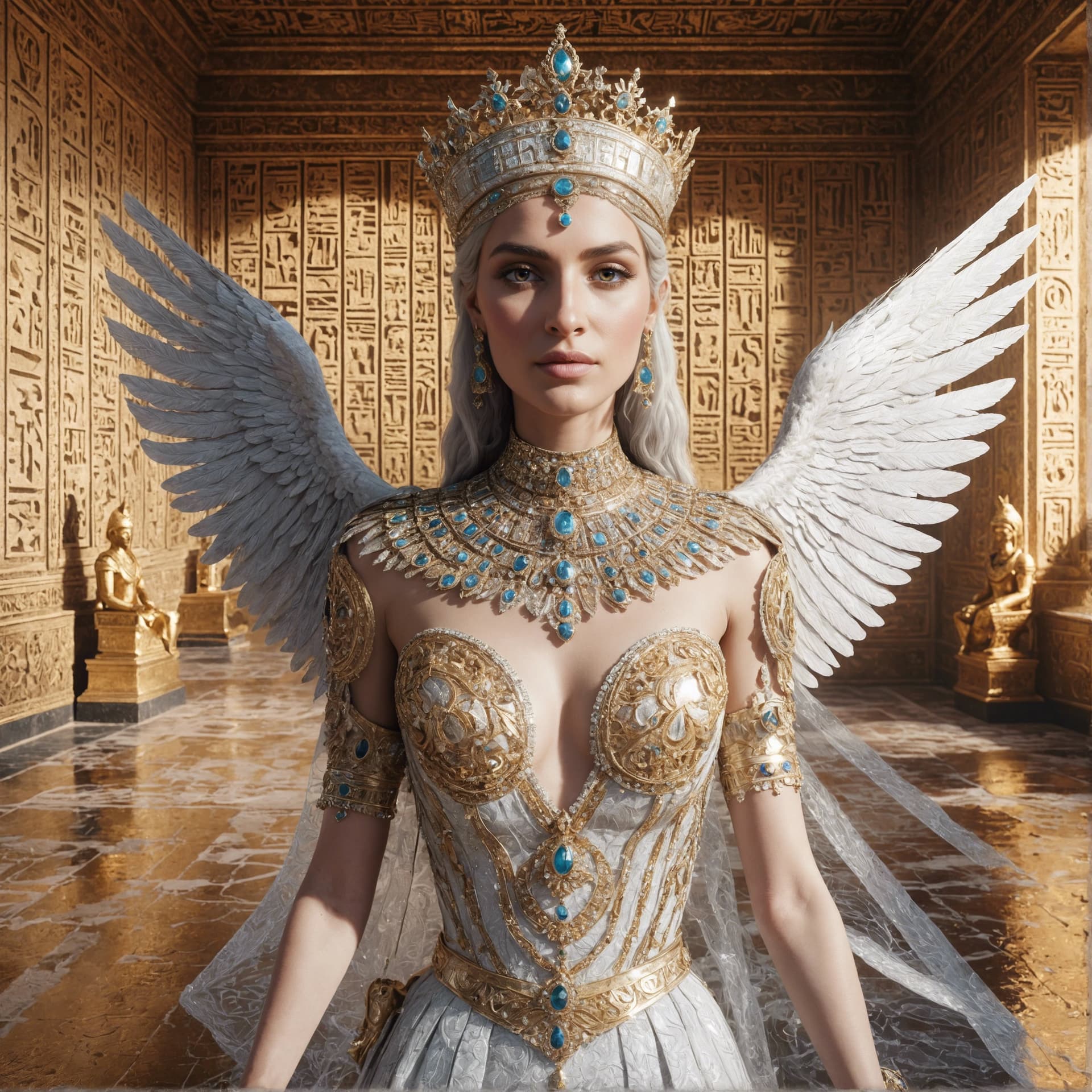 AI generated: In this portrait, Isis stands regally in her Diamond skin, surrounded by the opulence of an ancient ...