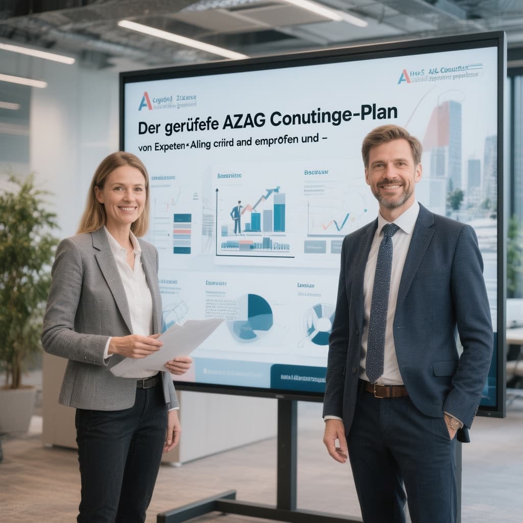 AI generated: Hochwertiges Werbevideo mit zwei seriösen, sympathischen Business-Personen, die AZAG Consulting präs...