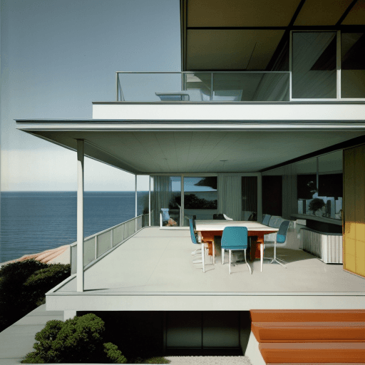 AI generated: Hyper realistic eye level exterior photo of a mid century modern style house overlooking the ocean, ...