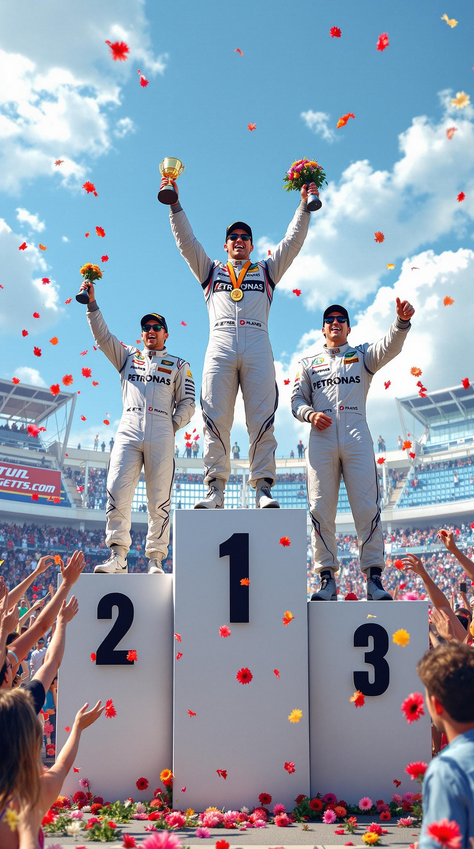 AI generated: Summer.      There are 3 racing drivers standing on the Pedestal. The winner stands at the highest l...