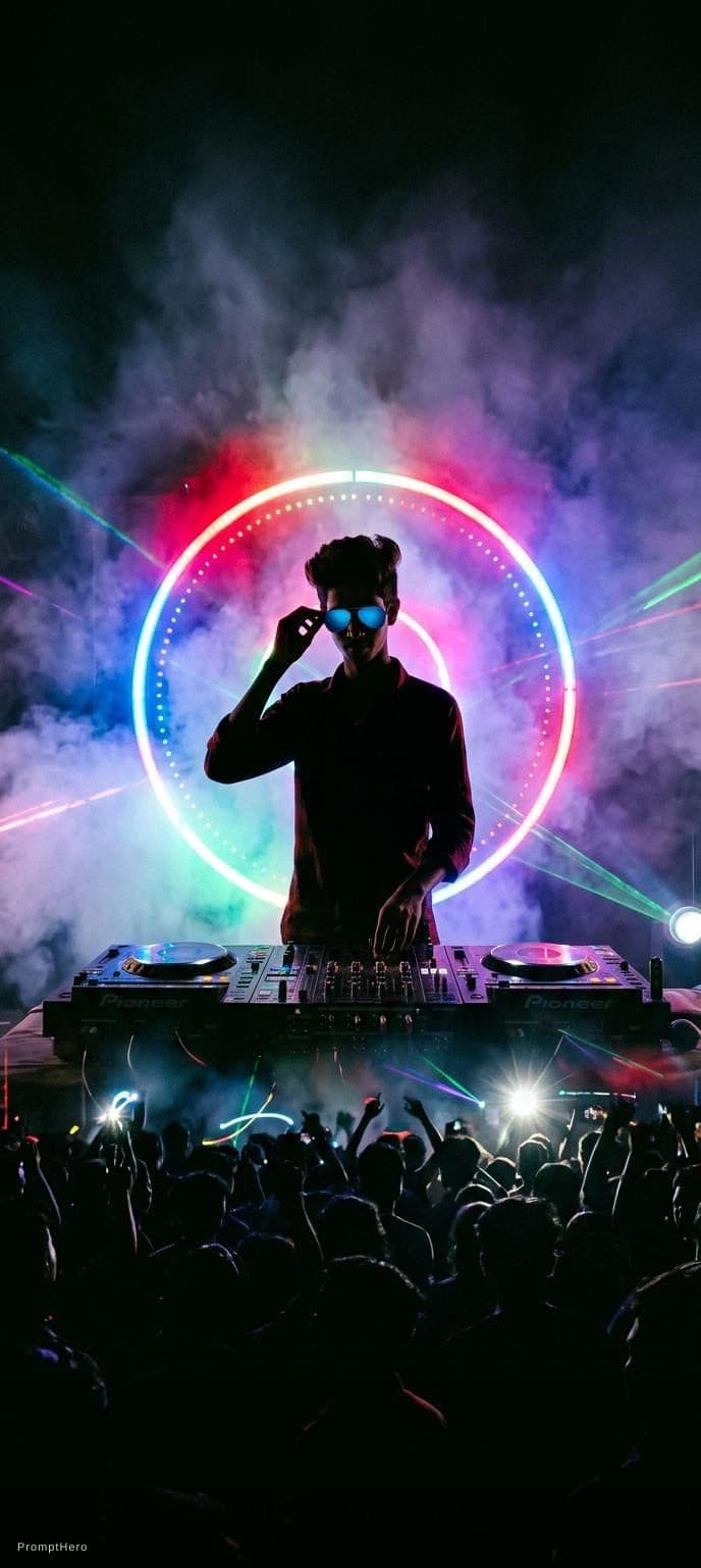 AI generated: creative silhouette photo of a DJ on stage facing the camera, it's at night, loads of smoke around h...