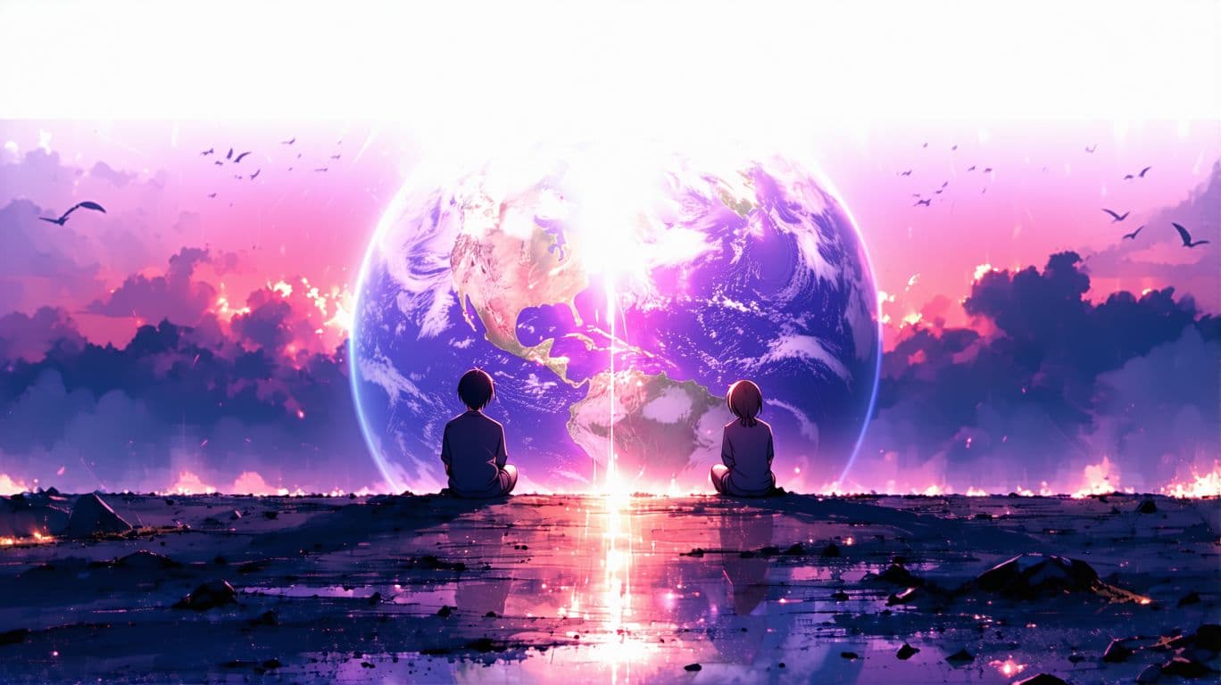AI generated: end of the world sad anime illustration ((anime) ),from front, 8K FHD , ((8K 8K )),Quality ,, lovers...