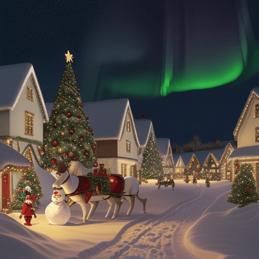 AI generated: "Create a vibrant, festive Christmas scene with a snowy village at night. The sky is filled with twi...