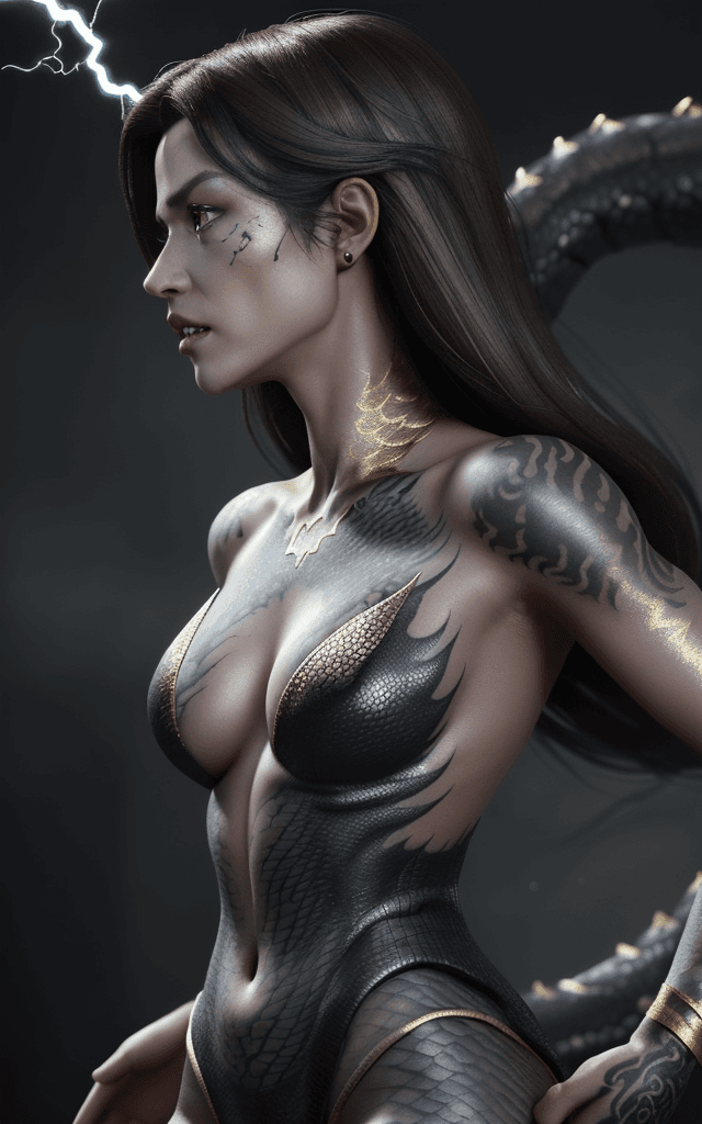 AI generated: An image of a woman in profile with brunette hair tinged with dark grey highlights.  A detailed, 3D ...