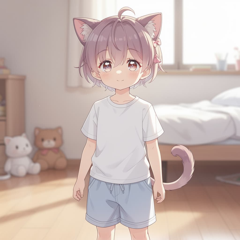 AI generated: Cute catboy wearing a soggy diaper, white_diaper, cat_boy, short_hair, 4k, anime