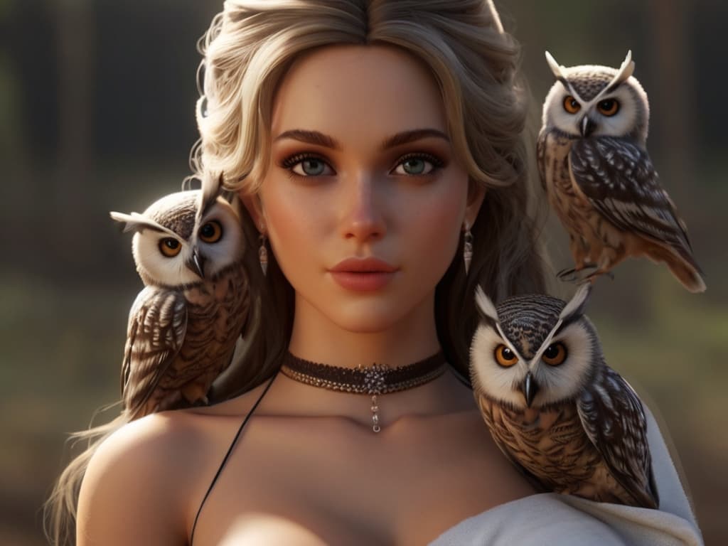 AI generated: a beautiful woman with an owl on her shoulder
