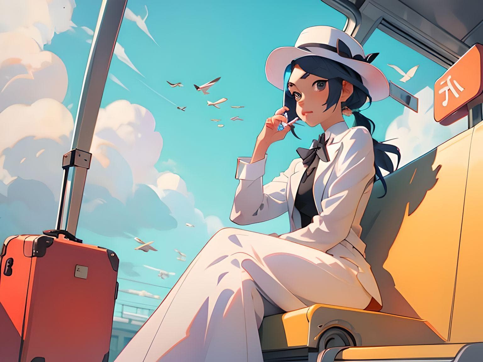AI generated: a woman sitting on a train looking out the window, an anime drawing, pixiv, art nouveau, white suit ...