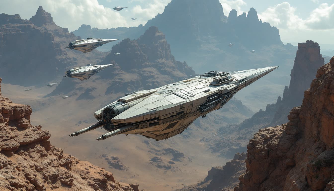 AI generated: show a spaceship in the style of star wars, worn and used taking off from mos eisley