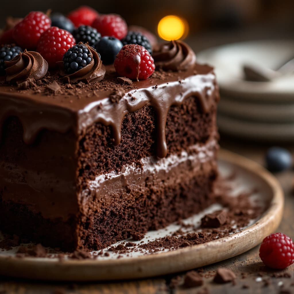 AI generated: rich chocolate cake, ultra-detailed, gooey chocolate frosting, decadent layers, a sprinkle of chocol...