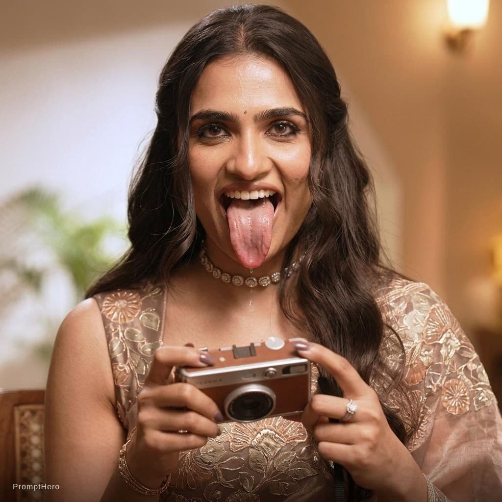 AI generated: Make her sticking her long tongue out long wide realistic with visible teeth and saliva on tongue bu...