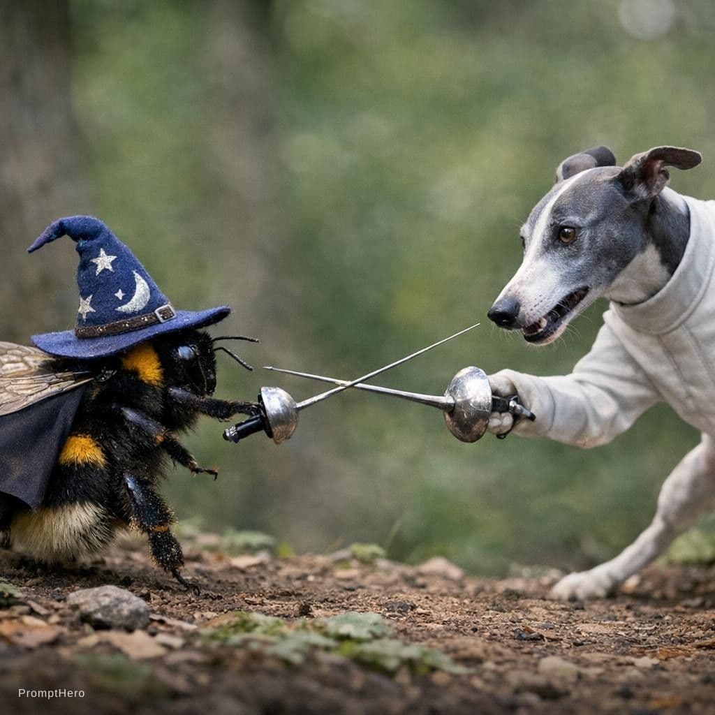 AI generated: a bumblebee wearing a wizard's hat fencing against a greyhound
