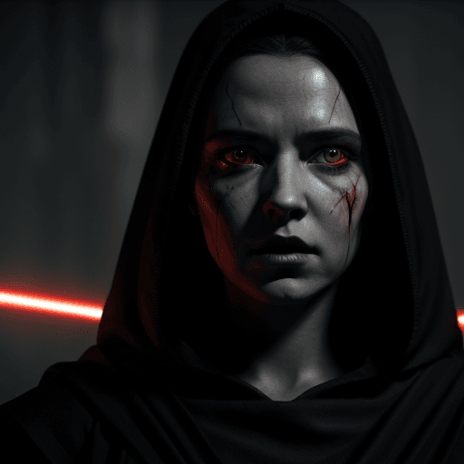AI generated: Goddess Rey Skywalker as sith in  Black Sith Robe and hood, black lips, red eyes from star wars. cin...
