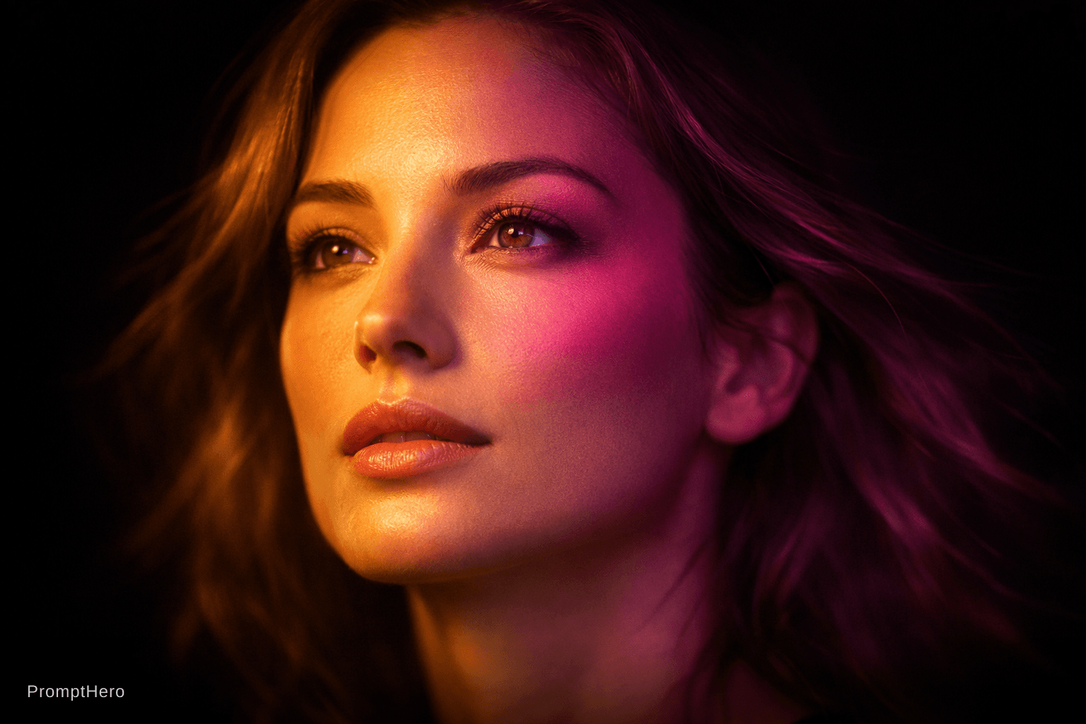 AI generated: A cinematic slow-motion portrait photograph of a woman's face illuminated by light gradually transit...