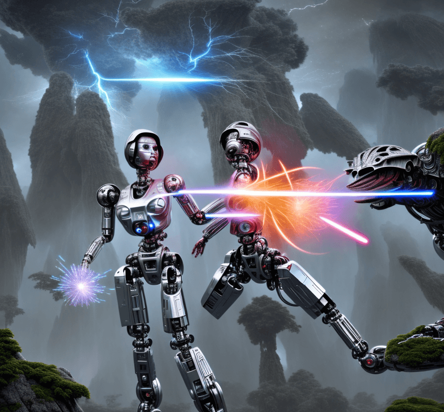AI generated:  iron and white humanoid female robots are fighting aliens in a rain forest planet planet . flowered...
