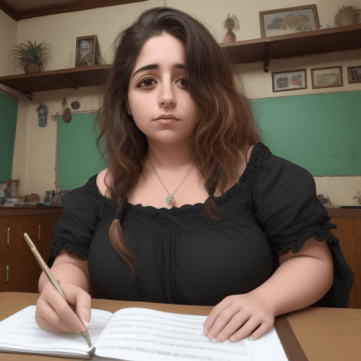 AI generated: Maestra de 28 años de cabello castaño ondeado y ojos marrones, dictando clases de ingles el tema de ...