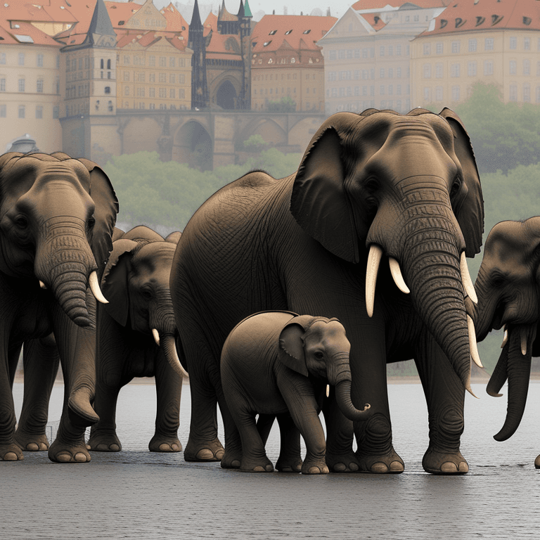 AI generated: Group of Elephants in front of Prague Castle