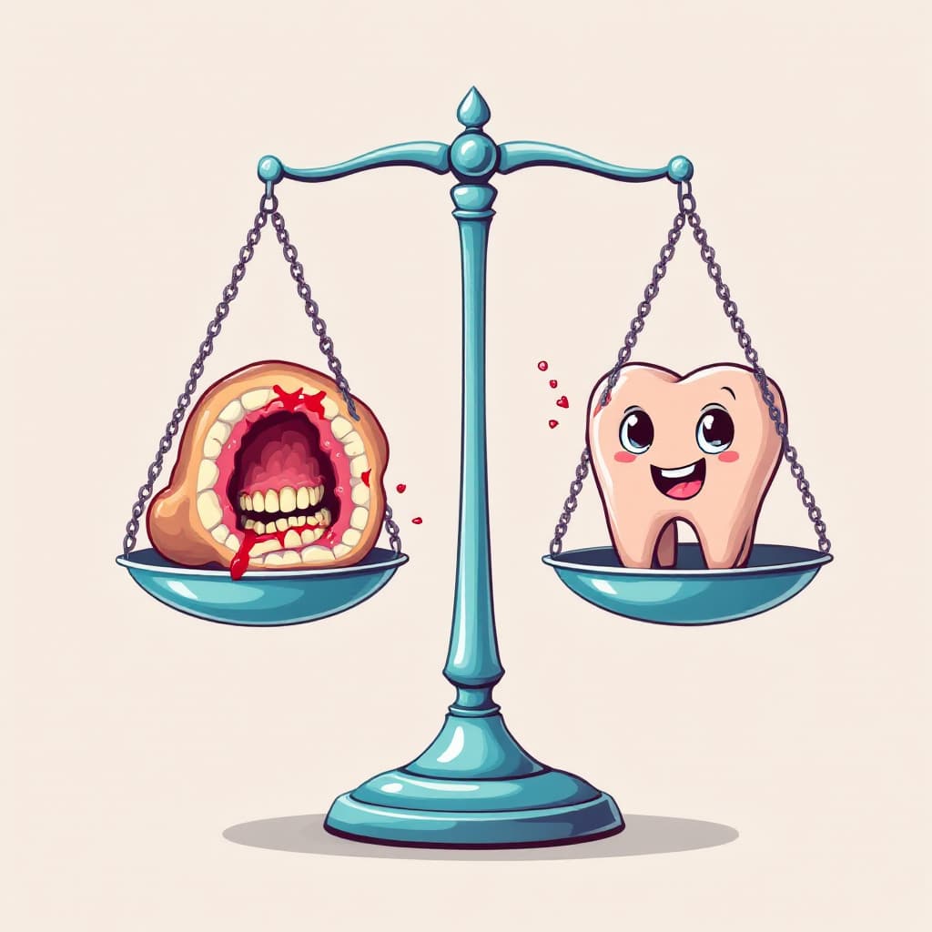 AI generated: A scale with decayed teeth and bleeding gums on one side, and a diseased pancreas and diabetes on th...