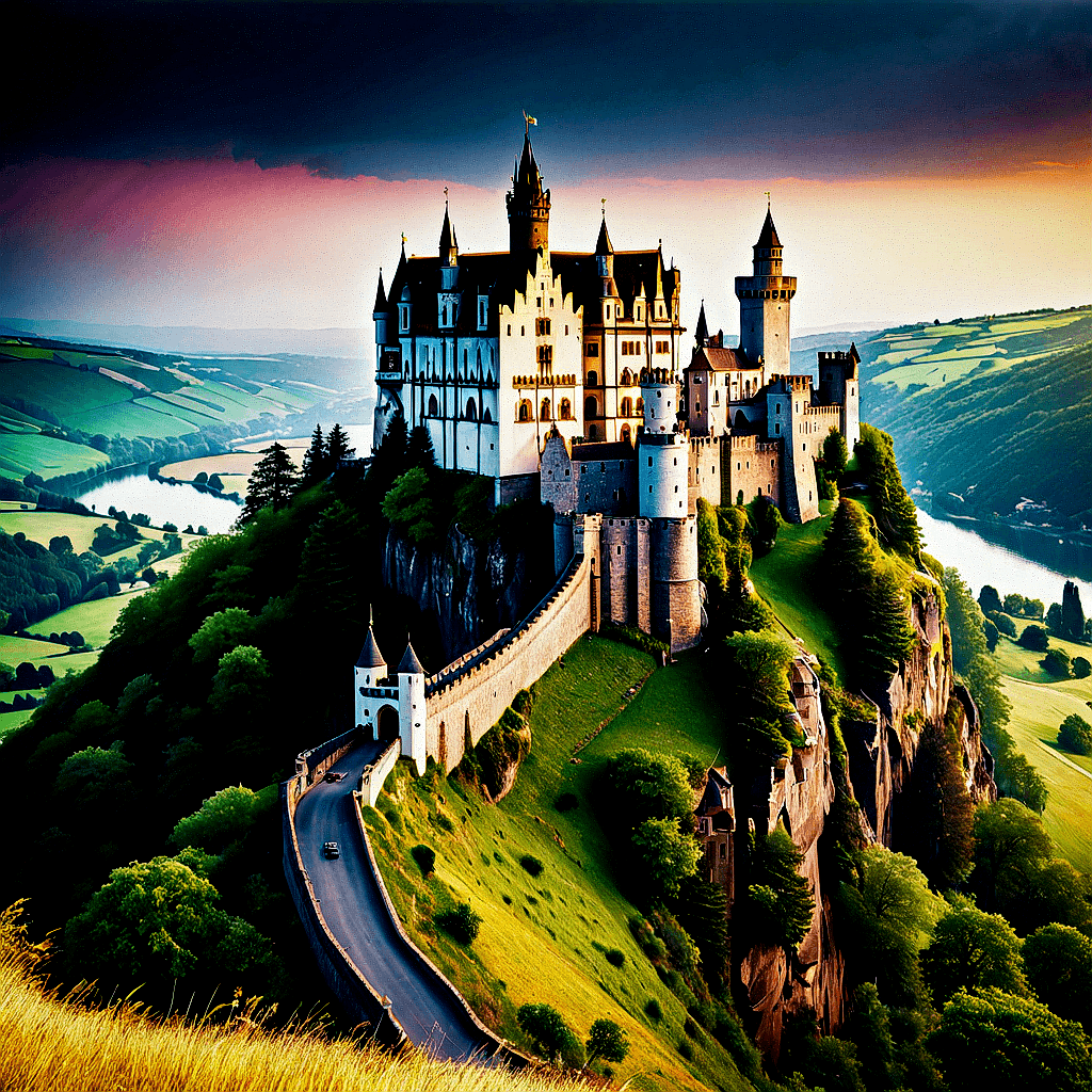 AI generated: Depict a grand medieval castle on a hill, surrounded by a moat and bustling village life in the fore...