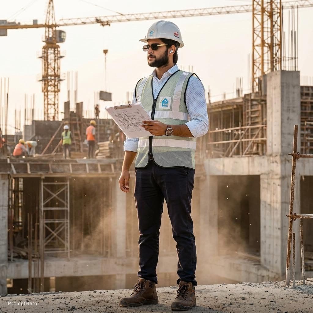 AI generated: A professional site engineer is standing at an active construction site during a routine site visit....