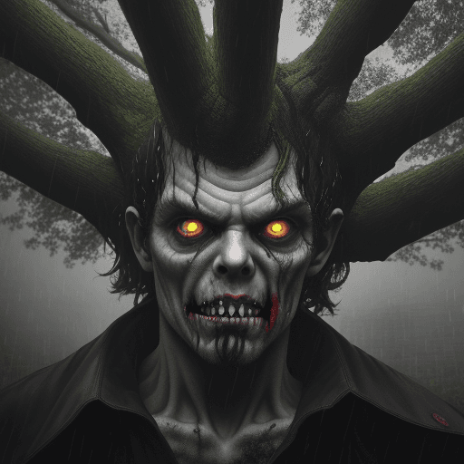 AI generated: A combination of 1 third oak tree and 2 thirds zombie, evil look, heavy rain and wind, up close
