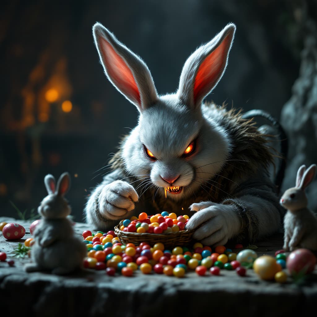 AI generated: An evil easter bunny stealing candy from a table in a cave setting 8K resolution