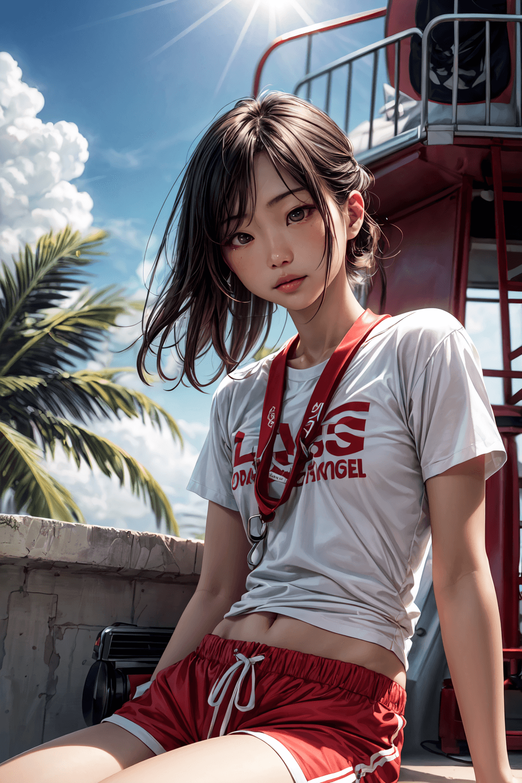 AI generated: (Asian girl as a lifeguard, sitting in the sun, lifeguard tower, plain white shirt, red shorts), 8k,...